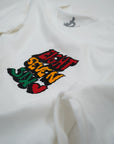 close-up of eight seven six scribble graphic on white t-shirt