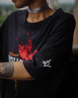 black parish love tour t-shirt sleeve logo detail on model