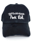 Black Signature Pork Roll Hat from the Contant Avenue collection by Wakefield District. Direct front view highlighting the premium white embroidered Pork Roll graphic and distressed brim.