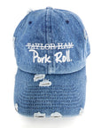 Denim Blue Signature Pork Roll Hat from the Contant Avenue collection by Wakefield District. Direct front view highlighting the premium white embroidered Pork Roll graphic and distressed brim.