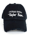 Black Signature Taylor Ham Hat from the Contant Avenue collection by Wakefield District. Direct front view highlighting the premium white embroidered Taylor Ham graphic and distressed brim.