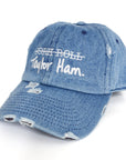 Denim Blue Signature Taylor Ham Hat from the Contant Avenue collection by Wakefield District. Angled front view showing distressed details and white embroidered crossed-out Pork Roll graphic.