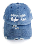 Denim Blue Signature Taylor Ham Hat from the Contant Avenue collection by Wakefield District. Direct front view highlighting the premium white embroidered Taylor Ham graphic and distressed texture.