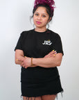 woman in black contant avenue JRSY t-shirt