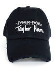 Contant Avenue black distressed baseball cap with white Taylor Ham Pork Roll embroidery design