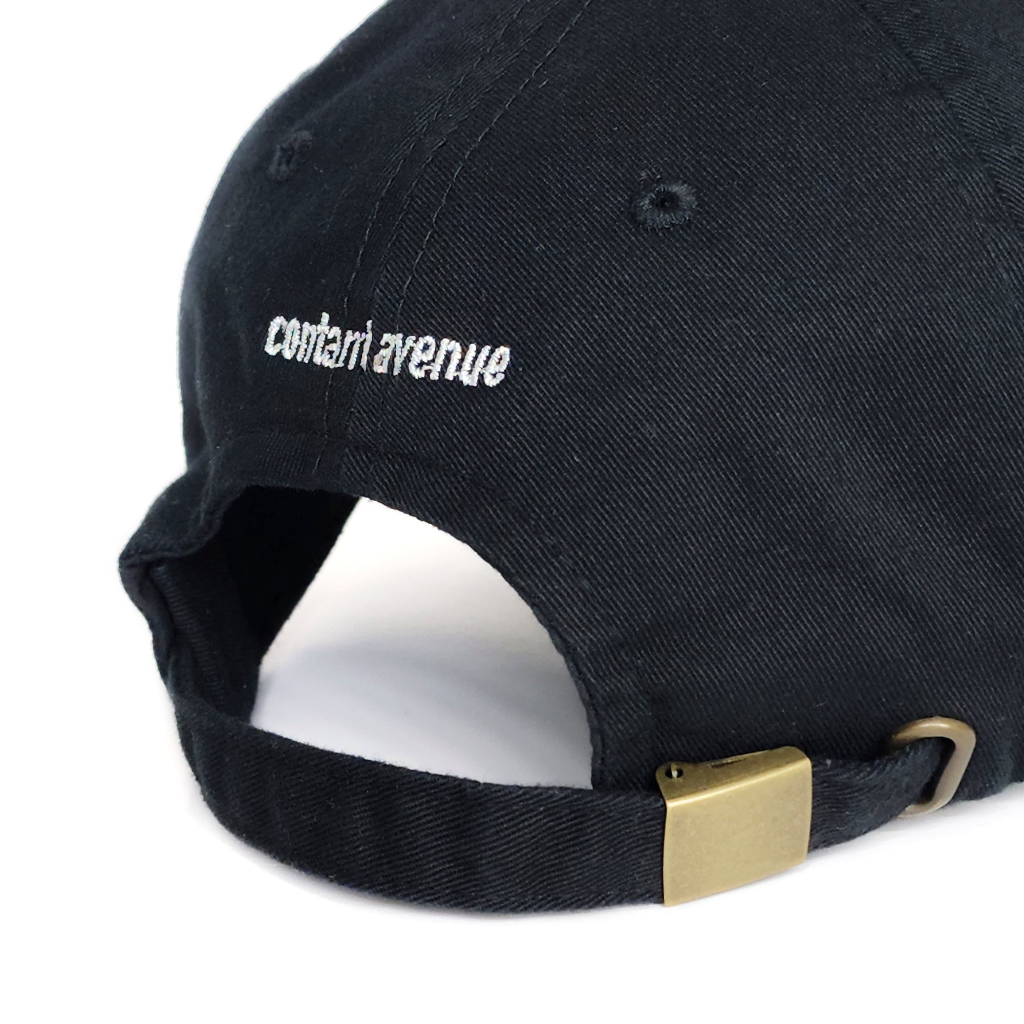 Back view of the Black Signature Pork Roll Hat showing the adjustable strap and white embroidered Contant Avenue logo. By Wakefield District.