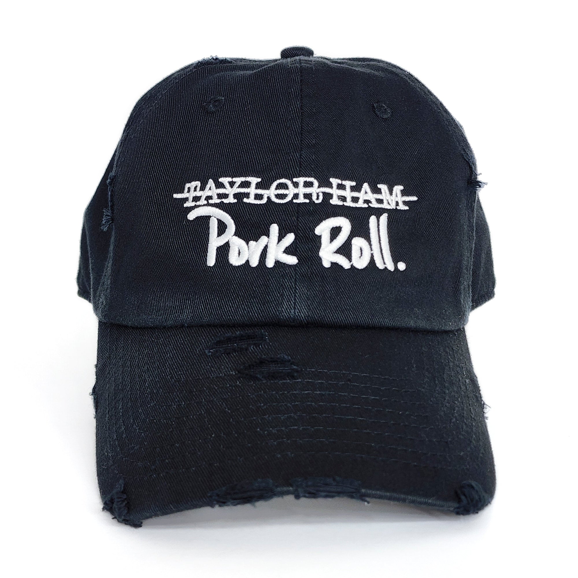 Black Signature Pork Roll Hat from the Contant Avenue collection by Wakefield District. Direct front view highlighting the premium white embroidered Pork Roll graphic and distressed brim.