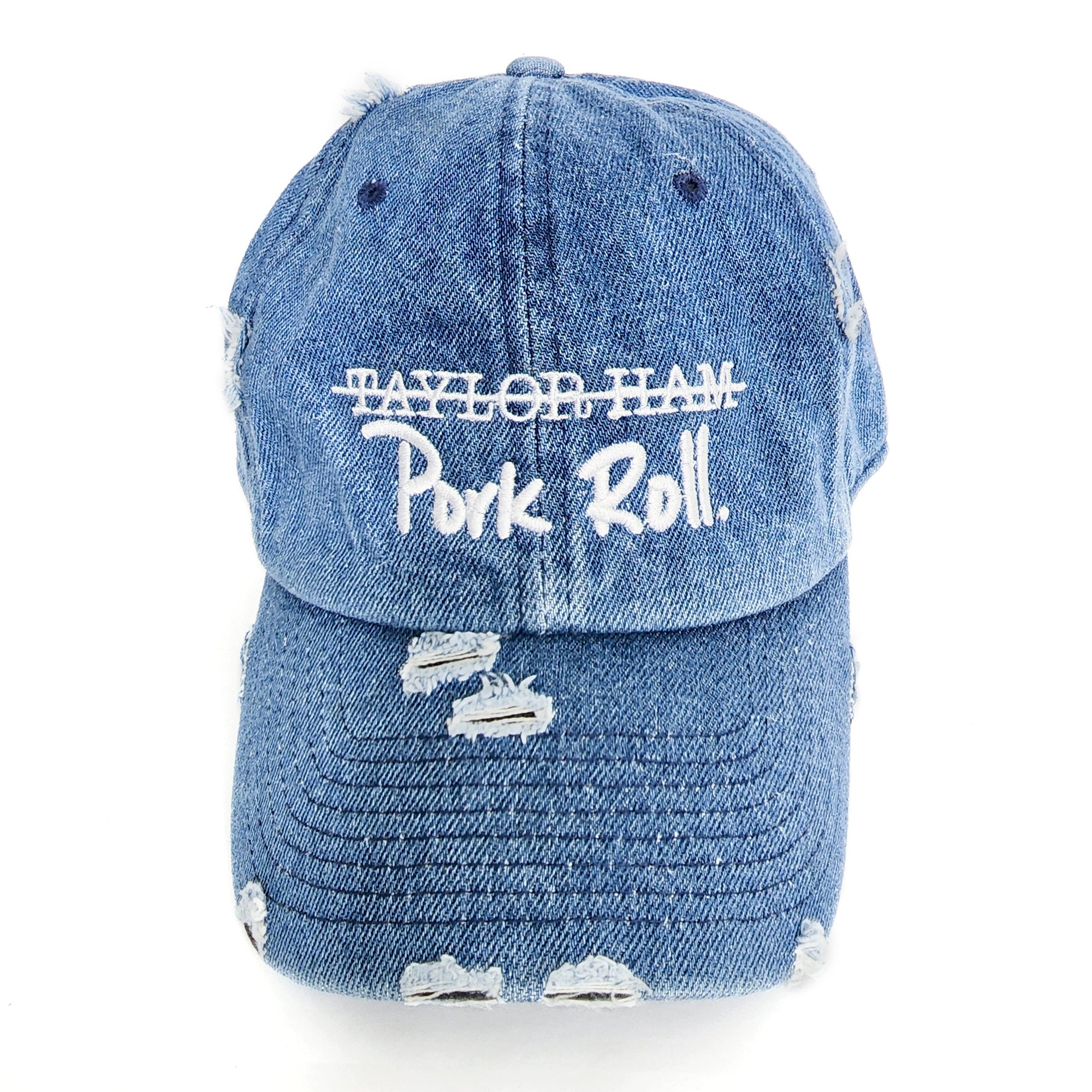 Denim Blue Signature Pork Roll Hat from the Contant Avenue collection by Wakefield District. Direct front view highlighting the premium white embroidered Pork Roll graphic and distressed brim.