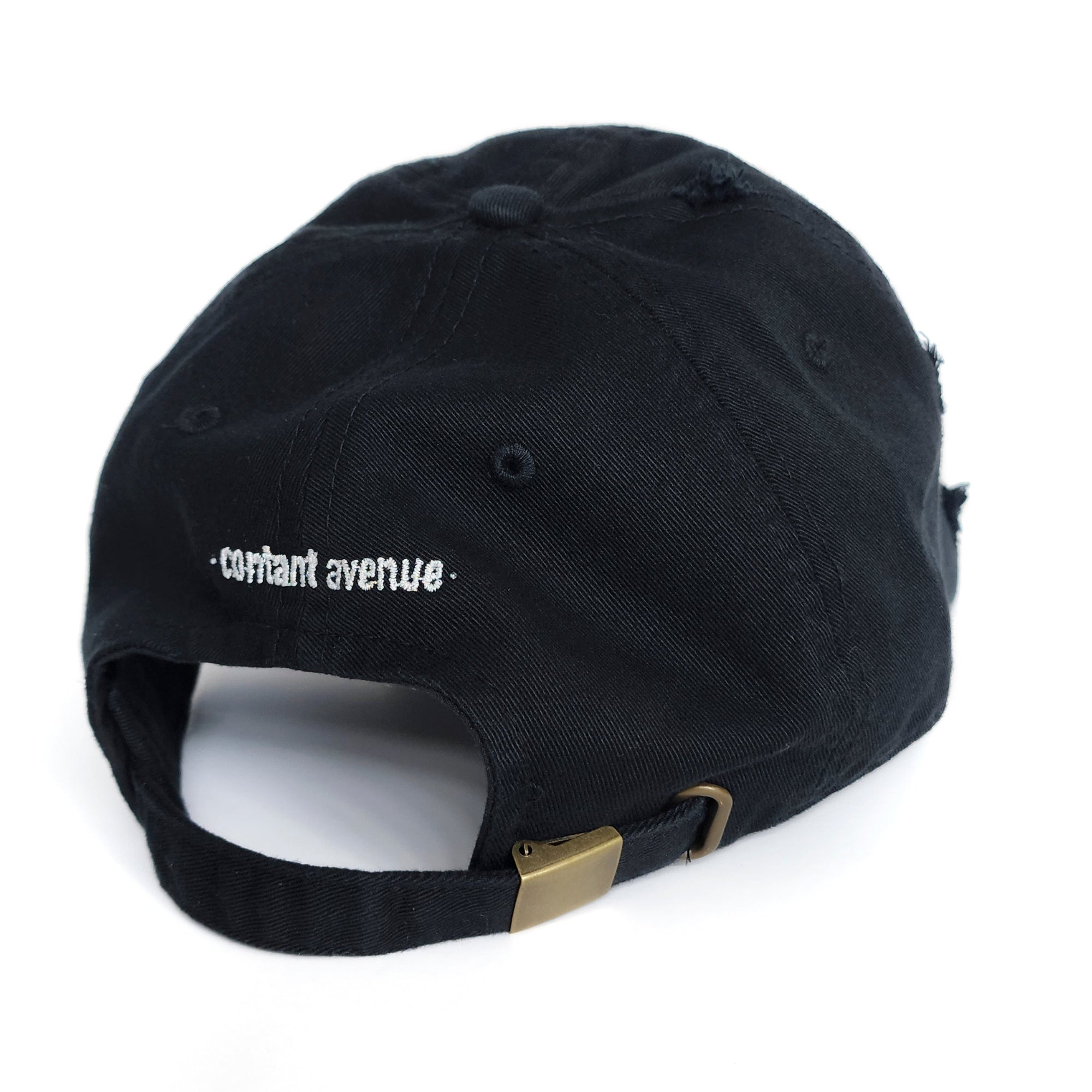 Back view of the Black Signature Taylor Ham Hat showing the adjustable strap and white embroidered Contant Avenue logo. By Wakefield District.