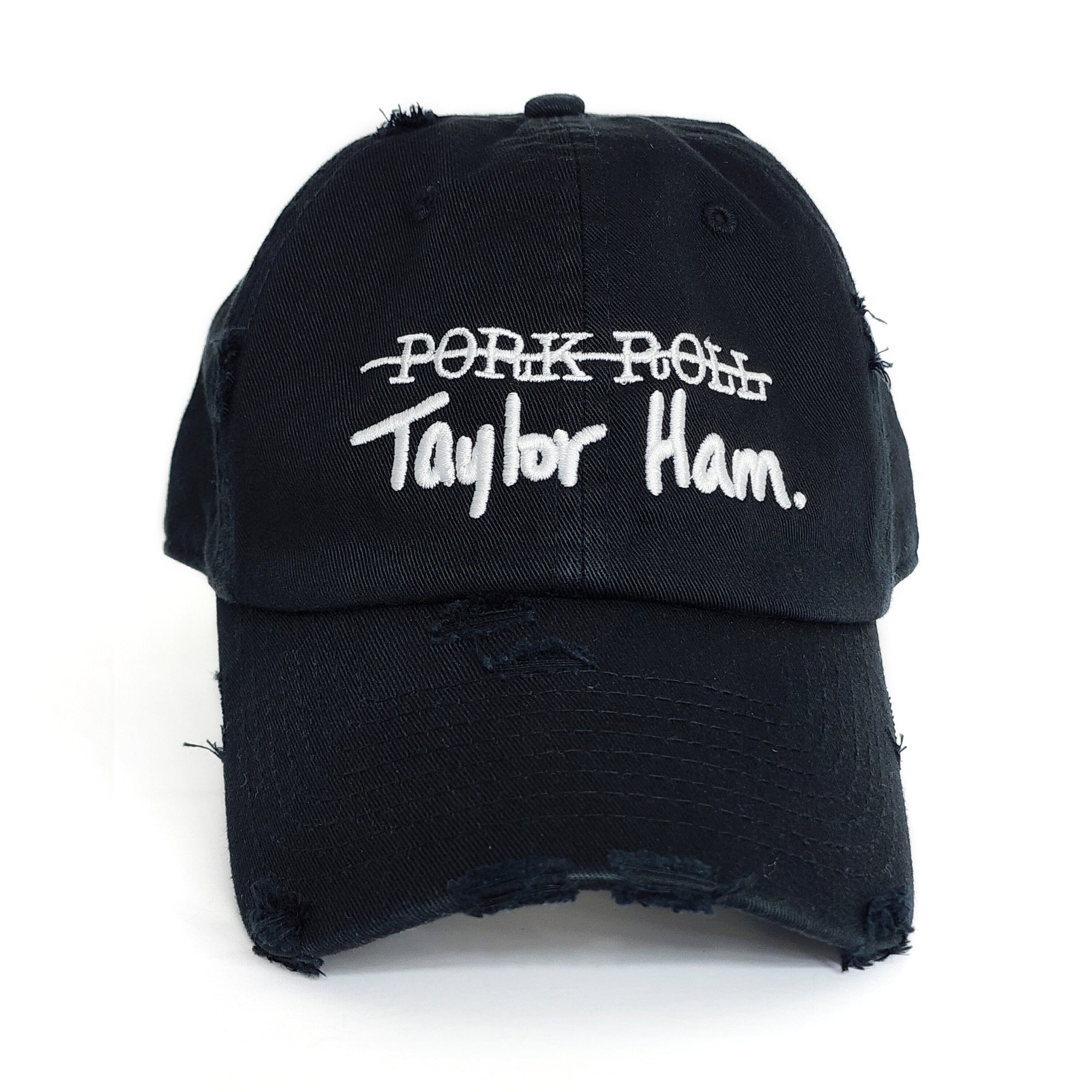 Black Signature Taylor Ham Hat from the Contant Avenue collection by Wakefield District. Direct front view highlighting the premium white embroidered Taylor Ham graphic and distressed brim.