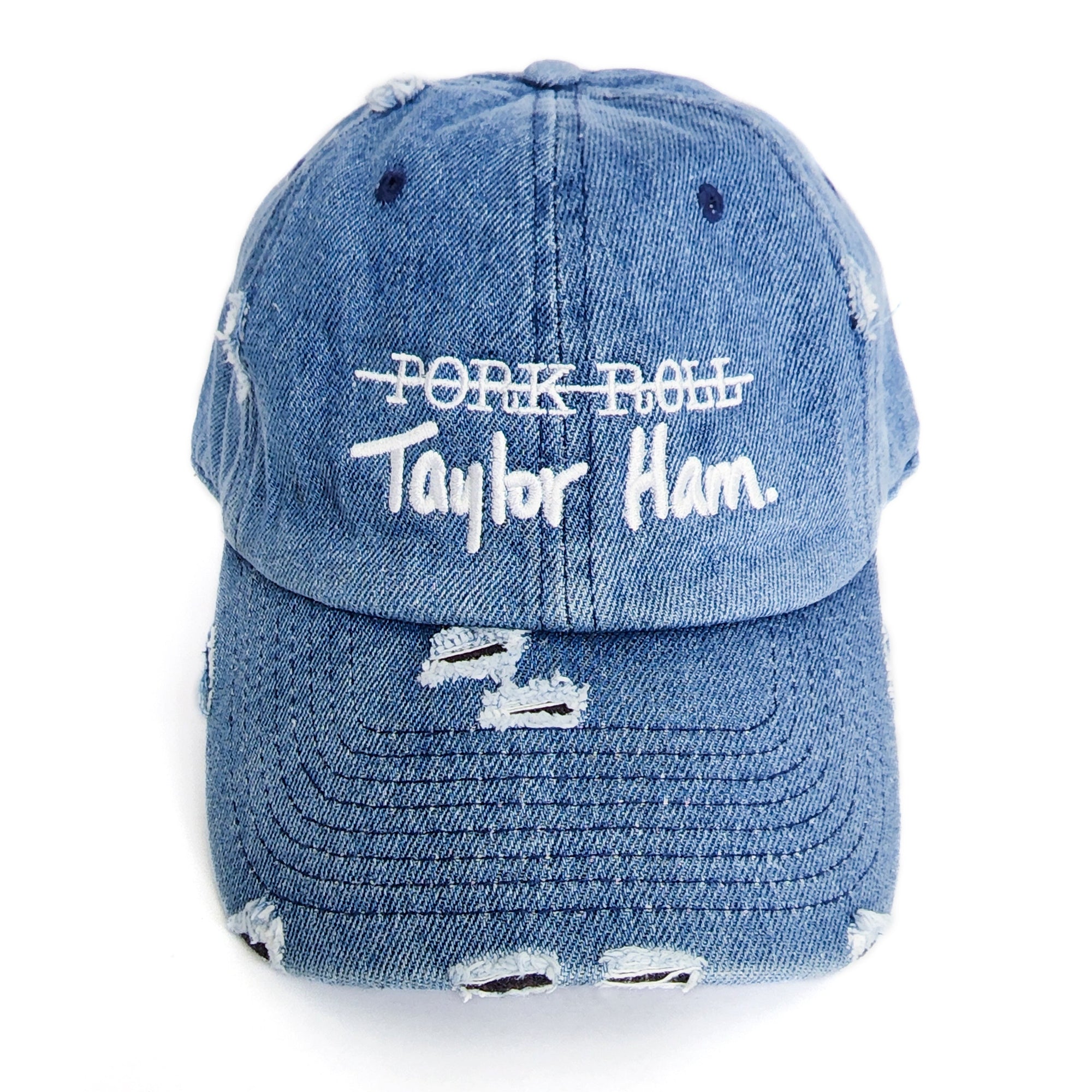 Denim Blue Signature Taylor Ham Hat from the Contant Avenue collection by Wakefield District. Direct front view highlighting the premium white embroidered Taylor Ham graphic and distressed texture.
